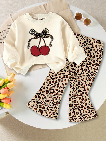 1 Set Baby Girls Casual Chic Leopard Cherry Pattern Round Neck Sweatshirt And Print Flare Pants Suitable For Autumn/Winter Outings, Fun Fall Clothing