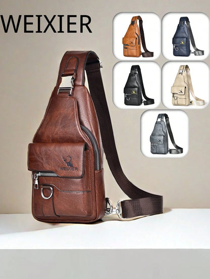 1 Set Men Sling Bag/Messenger Bag/Chest Bag/Shoulder Bag/Clutch Bag/Waist Bag, Made Of PU Leather, Multi-Pocket Design With Adjustable Strap, Suitable For Work, School, Business Trip, Shopping Shoulde
