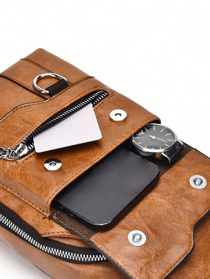 1 Set Men Sling Bag/Messenger Bag/Chest Bag/Shoulder Bag/Clutch Bag/Waist Bag, Made Of PU Leather, Multi-Pocket Design With Adjustable Strap, Suitable For Work, School, Business Trip, Shopping Shoulde