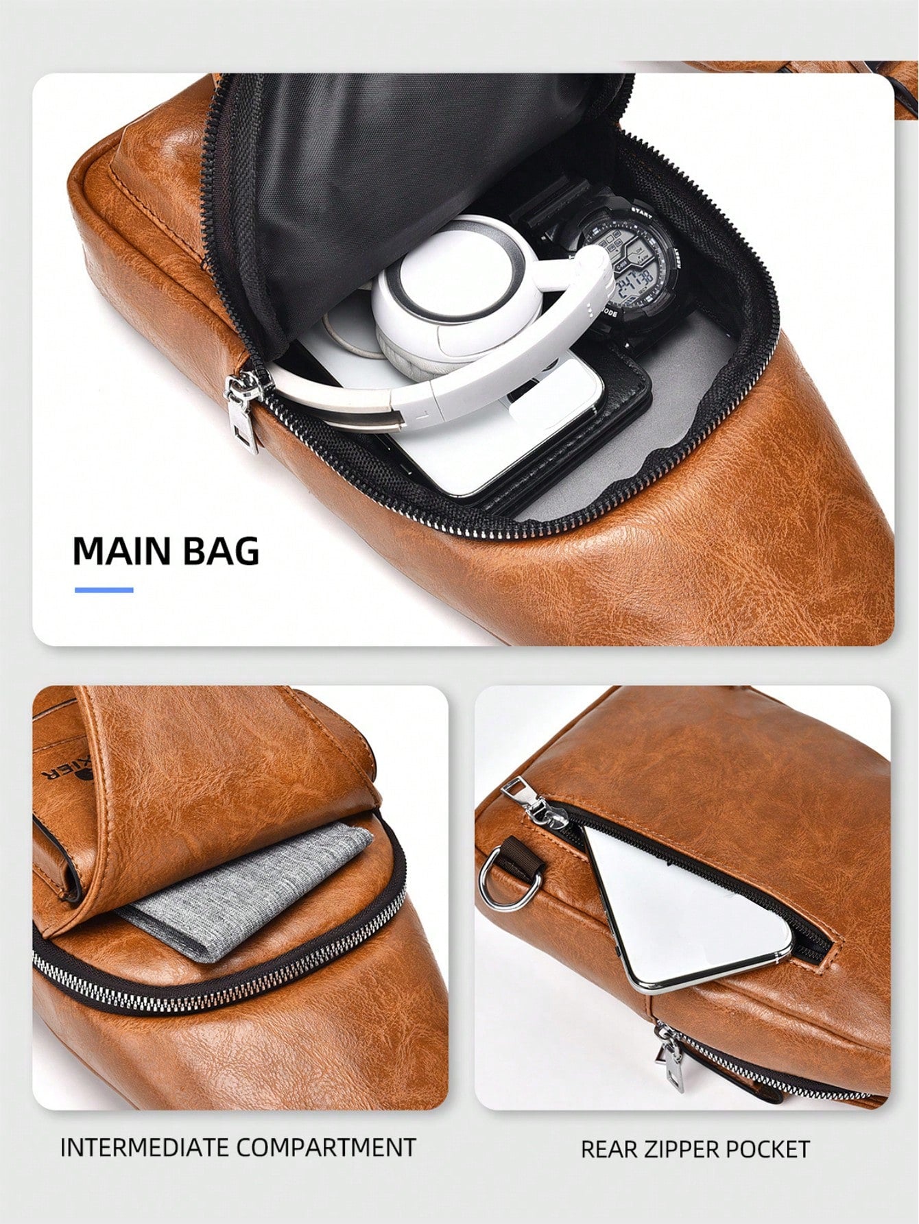 1 Set Men Sling Bag/Messenger Bag/Chest Bag/Shoulder Bag/Clutch Bag/Waist Bag, Made Of PU Leather, Multi-Pocket Design With Adjustable Strap, Suitable For Work, School, Business Trip, Shopping Shoulde