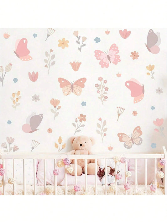 1 Set Of Imaginative Butterfly & Floral Wall Stickers- Vibrant Pink Design, Vinyl Self-Adhesive Material, Suitable For Kids' Playroom, Living Room, Bedroom, Home Decor- Easy To Remove And Reuse, But