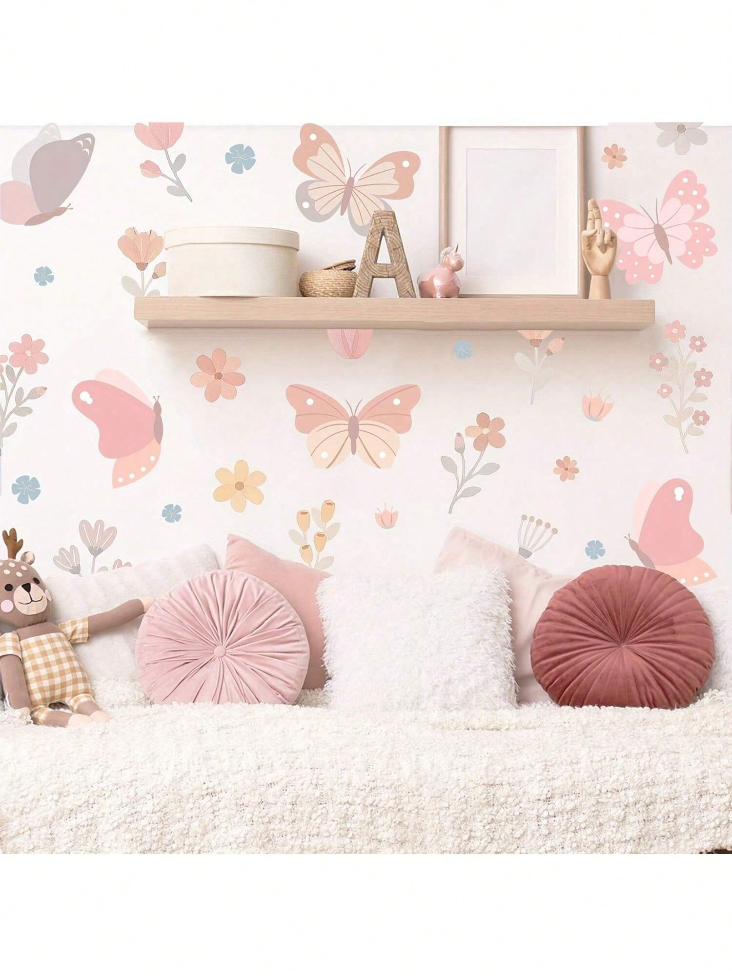 1 Set Of Imaginative Butterfly & Floral Wall Stickers- Vibrant Pink Design, Vinyl Self-Adhesive Material, Suitable For Kids' Playroom, Living Room, Bedroom, Home Decor- Easy To Remove And Reuse, But