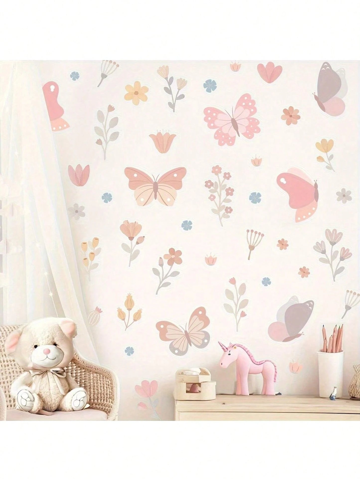 1 Set Of Imaginative Butterfly & Floral Wall Stickers- Vibrant Pink Design, Vinyl Self-Adhesive Material, Suitable For Kids' Playroom, Living Room, Bedroom, Home Decor- Easy To Remove And Reuse, But