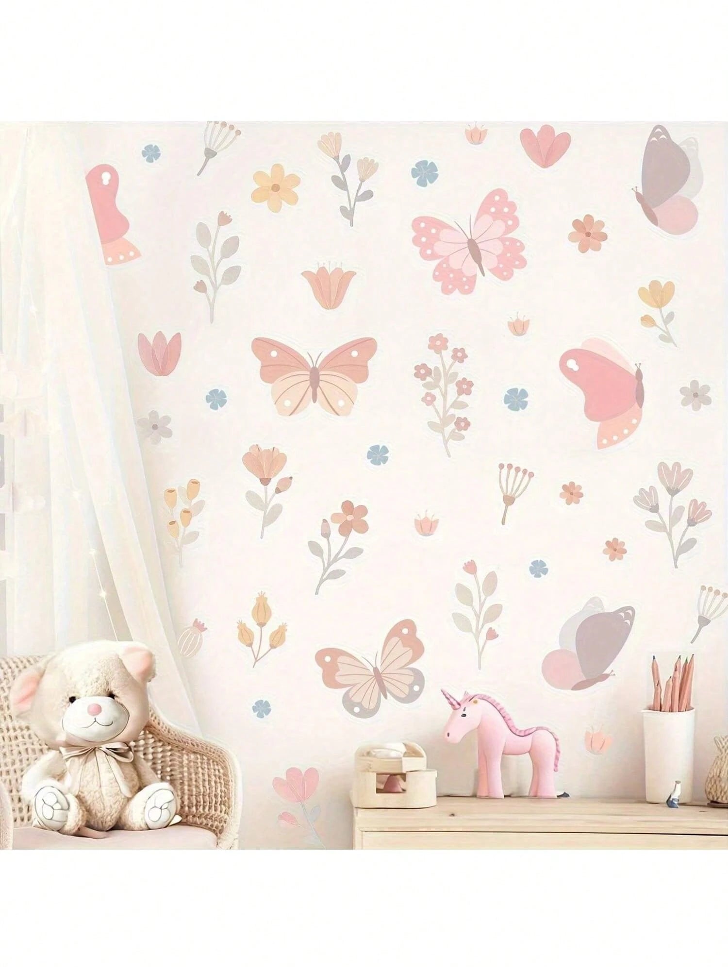 1 Set Of Imaginative Butterfly & Floral Wall Stickers- Vibrant Pink Design, Vinyl Self-Adhesive Material, Suitable For Kids' Playroom, Living Room, Bedroom, Home Decor- Easy To Remove And Reuse, But