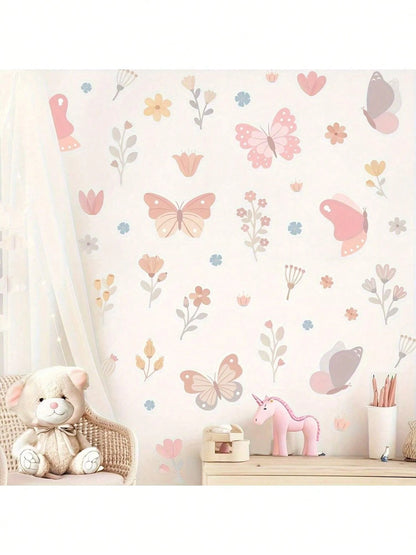 1 Set Of Imaginative Butterfly & Floral Wall Stickers- Vibrant Pink Design, Vinyl Self-Adhesive Material, Suitable For Kids' Playroom, Living Room, Bedroom, Home Decor- Easy To Remove And Reuse, But