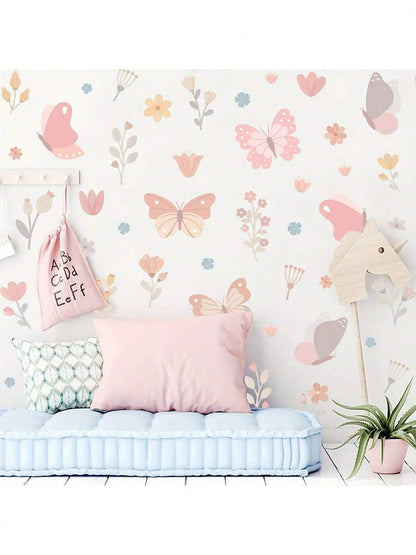 1 Set Of Imaginative Butterfly & Floral Wall Stickers- Vibrant Pink Design, Vinyl Self-Adhesive Material, Suitable For Kids' Playroom, Living Room, Bedroom, Home Decor- Easy To Remove And Reuse, But