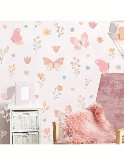 1 Set Of Imaginative Butterfly & Floral Wall Stickers- Vibrant Pink Design, Vinyl Self-Adhesive Material, Suitable For Kids' Playroom, Living Room, Bedroom, Home Decor- Easy To Remove And Reuse, But