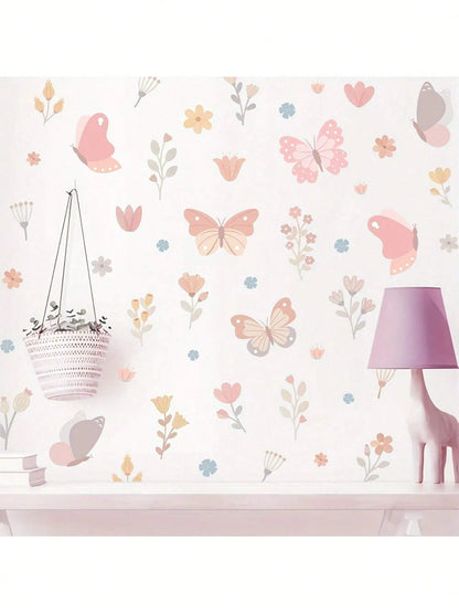 1 Set Of Imaginative Butterfly & Floral Wall Stickers- Vibrant Pink Design, Vinyl Self-Adhesive Material, Suitable For Kids' Playroom, Living Room, Bedroom, Home Decor- Easy To Remove And Reuse, But