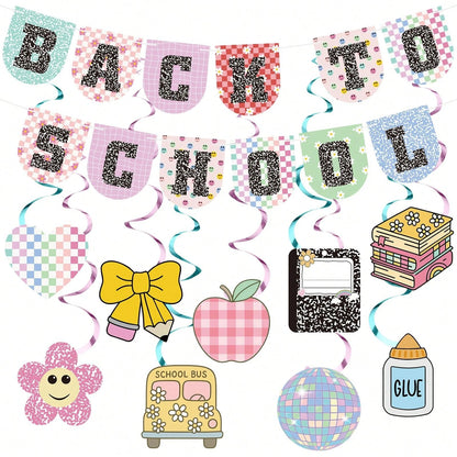 1 Set Paper Bunting/ 9pcs Paper Spiral Hanging Decorations Kindergarten Back To School Banner First Day Welcome Back Party Decor Classroom Decoration First Day Party Supplies Classroom Bulletin Board