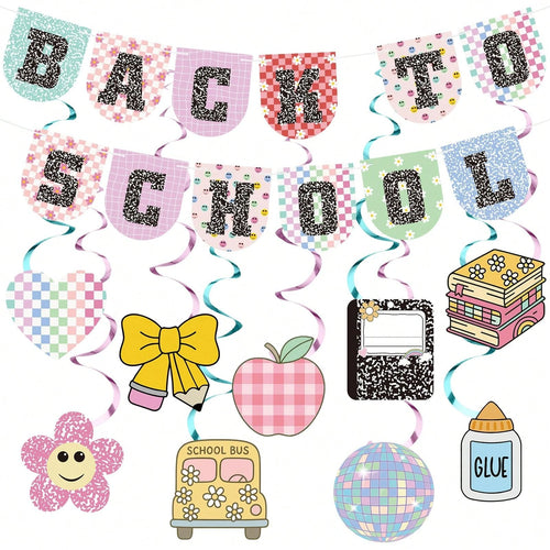 1 Set Paper Bunting/ 9pcs Paper Spiral Hanging Decorations Kindergarten Back To School Banner First Day Welcome Back Party Decor Classroom Decoration First Day Party Supplies Classroom Bulletin Board