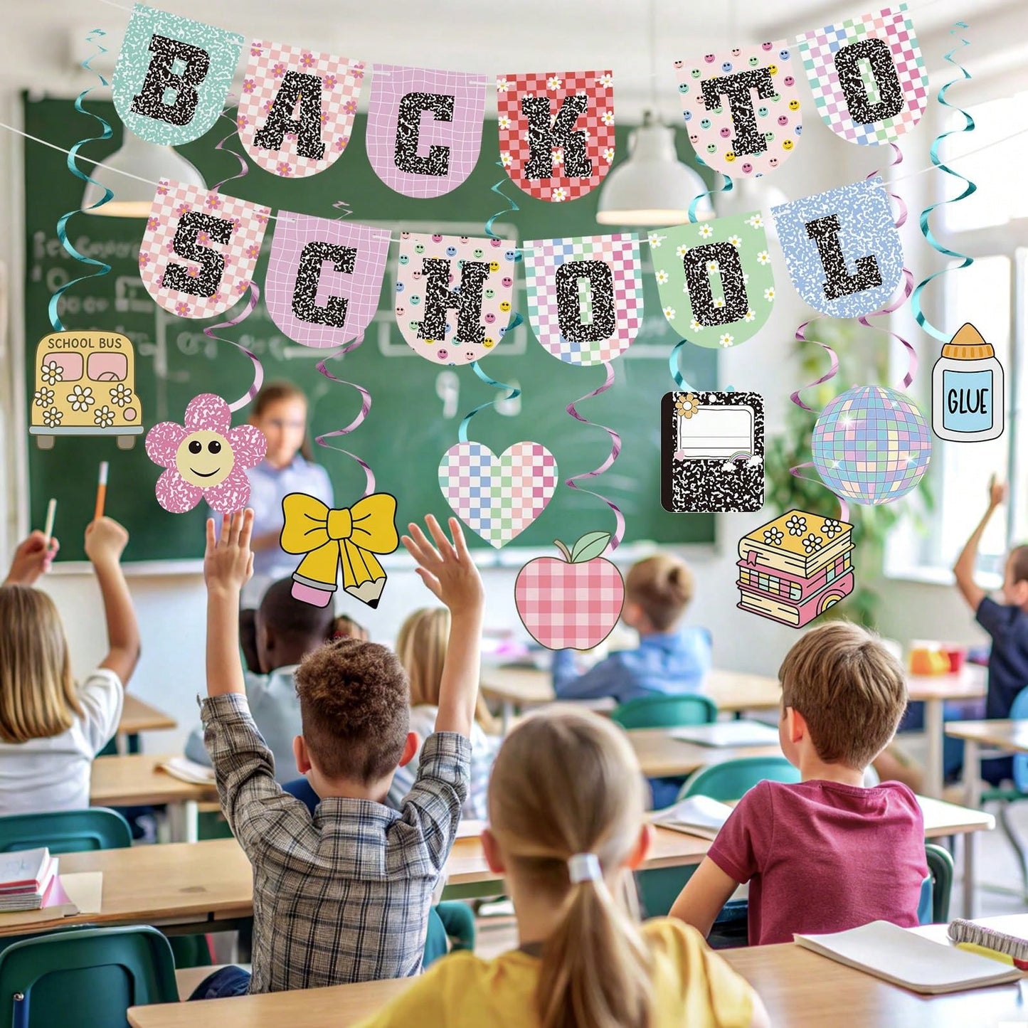1 Set Paper Bunting/ 9pcs Paper Spiral Hanging Decorations Kindergarten Back To School Banner First Day Welcome Back Party Decor Classroom Decoration First Day Party Supplies Classroom Bulletin Board