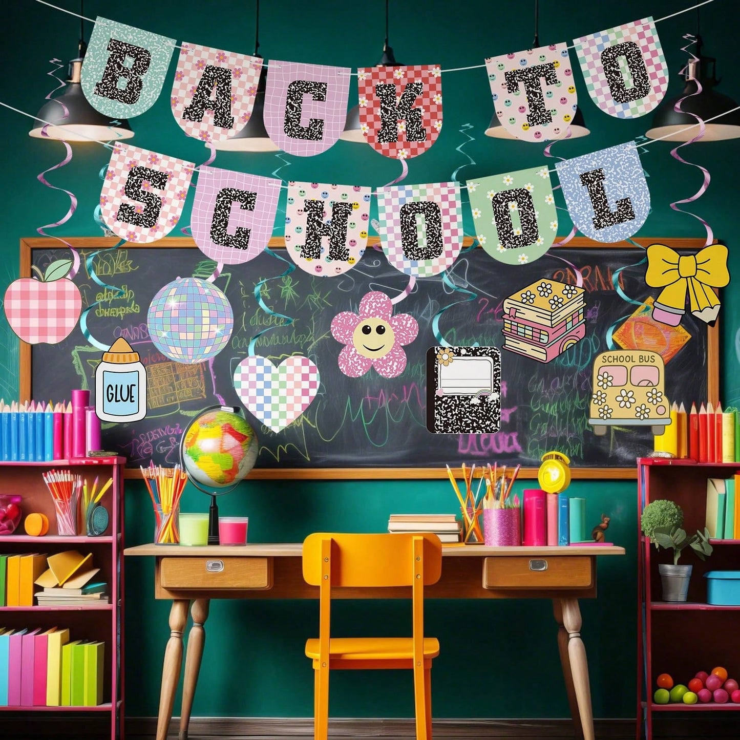 1 Set Paper Bunting/ 9pcs Paper Spiral Hanging Decorations Kindergarten Back To School Banner First Day Welcome Back Party Decor Classroom Decoration First Day Party Supplies Classroom Bulletin Board