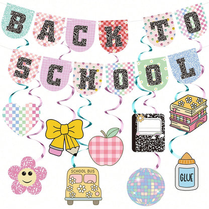 1 Set Paper Bunting/ 9pcs Paper Spiral Hanging Decorations Kindergarten Back To School Banner First Day Welcome Back Party Decor Classroom Decoration First Day Party Supplies Classroom Bulletin Board