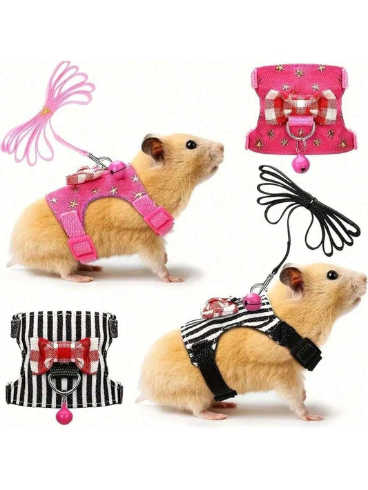 1 Set Pet Harness & Leaf Decor Outfit, With Bow Tie & Bell, Suitable For Guinea Pigs, Hamsters, Mice Etc. For Outdoor Walking