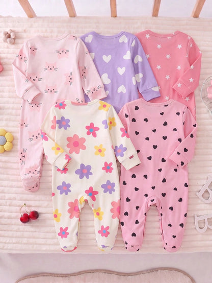 [1 Set Randomly Sent]Newborn Home Bodysuit Pajamas, Colorful Floral, Pink Background Black Heart, Cute Cat, Purple Background White Heart, Pink Background White Star Print Long Sleeve Pajamas, S