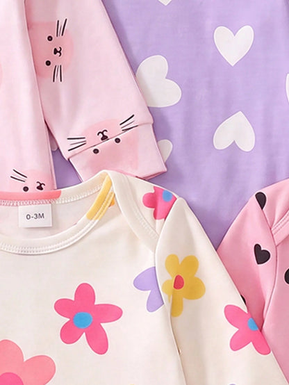 [1 Set Randomly Sent]Newborn Home Bodysuit Pajamas, Colorful Floral, Pink Background Black Heart, Cute Cat, Purple Background White Heart, Pink Background White Star Print Long Sleeve Pajamas, S