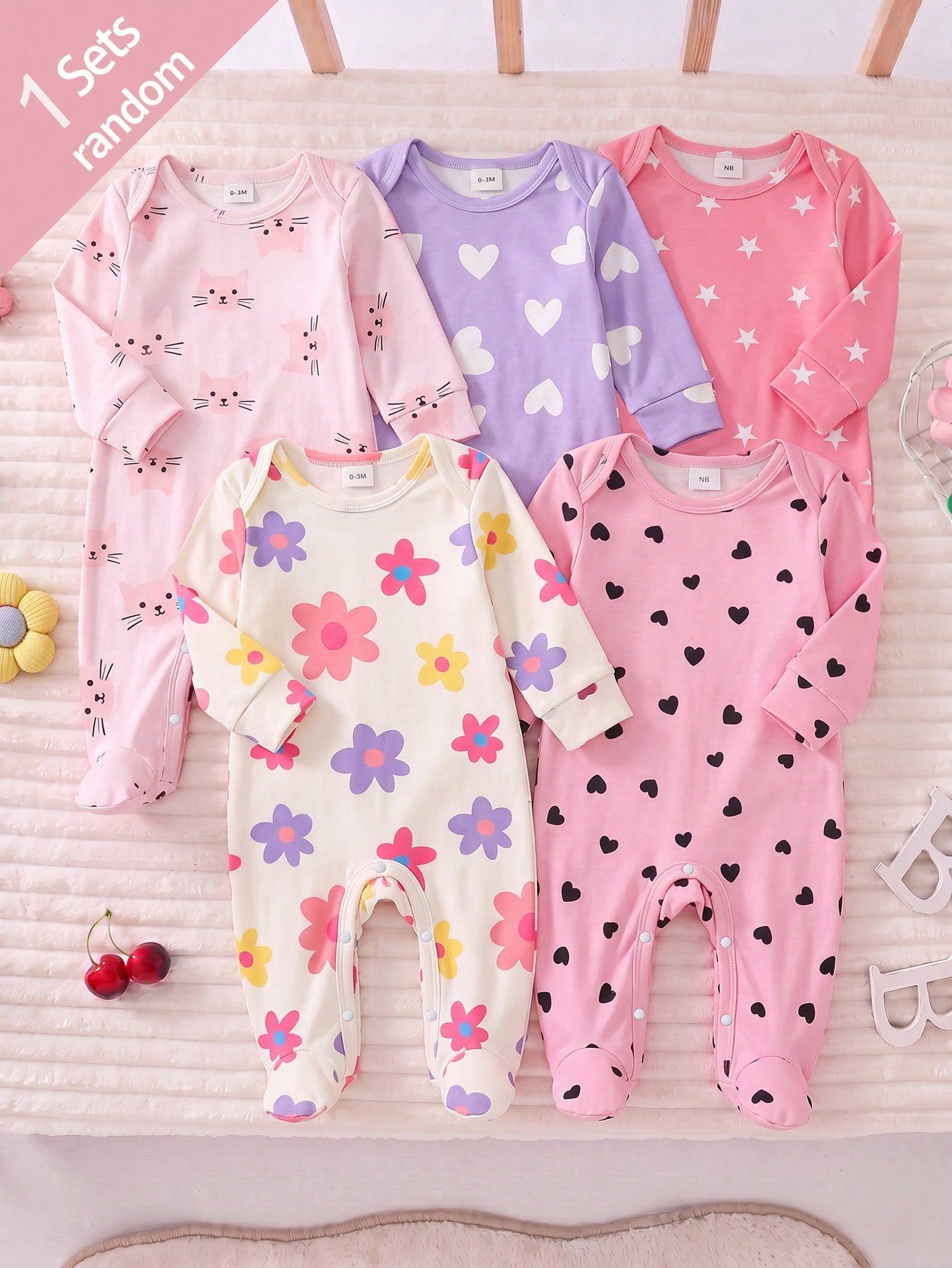 [1 Set Randomly Sent]Newborn Home Bodysuit Pajamas, Colorful Floral, Pink Background Black Heart, Cute Cat, Purple Background White Heart, Pink Background White Star Print Long Sleeve Pajamas, S