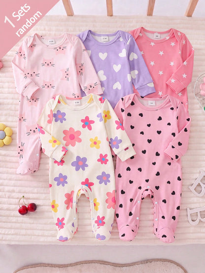 [1 Set Randomly Sent]Newborn Home Bodysuit Pajamas, Colorful Floral, Pink Background Black Heart, Cute Cat, Purple Background White Heart, Pink Background White Star Print Long Sleeve Pajamas, S