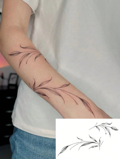 1 Sheet Water-Washable Temporary Tattoo, PVC Green Leaf Vine & Floral Pattern, Design, Waterproof, Sweatproof, Suitable For Fashionable People,Sketch Style