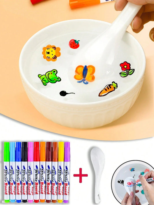 10/14pcs Set Magic Water Color Pens With Spoon, Floating Ink Water Color Pens, 12 Colors Children Graffiti Tools, Floating Marker Pen Toy Gift, Suitable For 3-12 Years Old Boys Girls, Washable DIY Cre