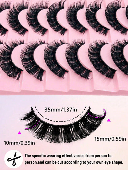 10 Pairs D Curl Russian Volume False Eyelashes, Dense & Natural, Fluffy & Full, Long & Thick, 3D Effect