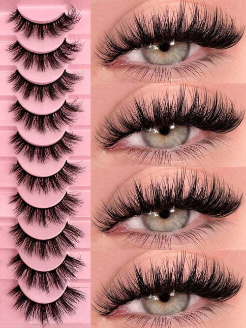 10 Pairs Of Natural False Eyelashes Thick 3D Fluffy Multi-Layer D Curl Russian Style Enlarged False Eyelashes High Curl Dense Whole Piece Eyelash Extension Travel Essential