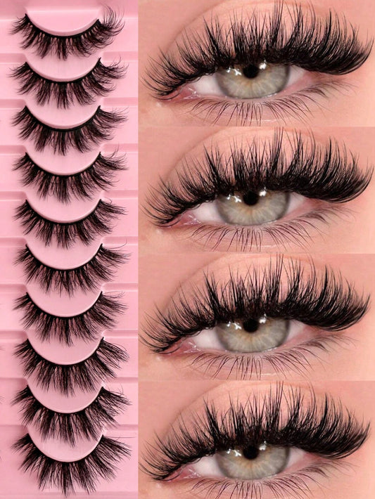 10 Pairs Of Natural False Eyelashes Thick 3D Fluffy Multi-Layer D Curl Russian Style Enlarged False Eyelashes High Curl Dense Whole Piece Eyelash Extension Travel Essential