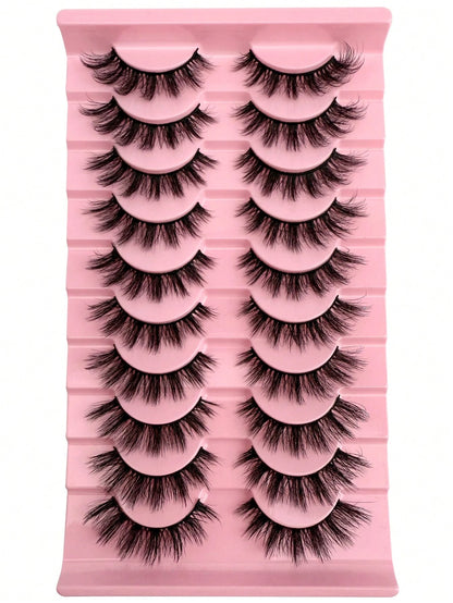 10 Pairs Of Natural False Eyelashes Thick 3D Fluffy Multi-Layer D Curl Russian Style Enlarged False Eyelashes High Curl Dense Whole Piece Eyelash Extension Travel Essential