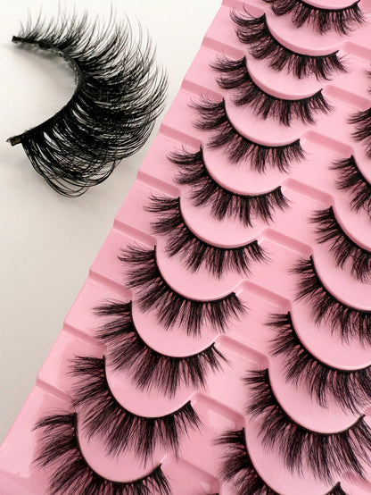 10 Pairs Of Natural False Eyelashes Thick 3D Fluffy Multi-Layer D Curl Russian Style Enlarged False Eyelashes High Curl Dense Whole Piece Eyelash Extension Travel Essential
