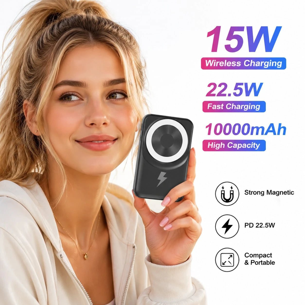 10000mAh Foldable Kickstand Magnetic Portable Charger, Built-In Lightning & USB C Cables 15W Wireless Charging 22.5W Fast Charging, Travel Essentials Camping Essentials College Dorm Essentials Back To