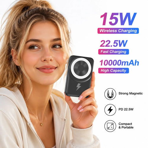 10000mAh Foldable Kickstand Magnetic Portable Charger, Built-In Lightning & USB C Cables 15W Wireless Charging 22.5W Fast Charging, Travel Essentials Camping Essentials College Dorm Essentials Back To