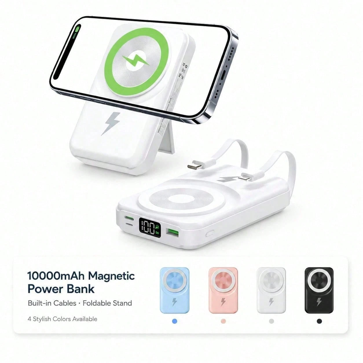 10000mAh Foldable Kickstand Magnetic Portable Charger, Built-In Lightning & USB C Cables 15W Wireless Charging 22.5W Fast Charging, Travel Essentials Camping Essentials College Dorm Essentials Back To