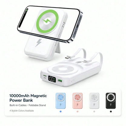 10000mAh Foldable Kickstand Magnetic Portable Charger, Built-In Lightning & USB C Cables 15W Wireless Charging 22.5W Fast Charging, Travel Essentials Camping Essentials College Dorm Essentials Back To