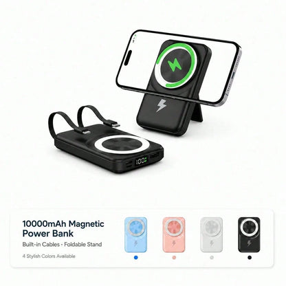 10000mAh Foldable Kickstand Magnetic Portable Charger, Built-In Lightning & USB C Cables 15W Wireless Charging 22.5W Fast Charging, Travel Essentials Camping Essentials College Dorm Essentials Back To
