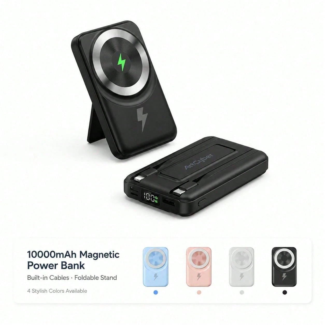 10000mAh Foldable Kickstand Magnetic Portable Charger, Built-In Lightning & USB C Cables 15W Wireless Charging 22.5W Fast Charging, Travel Essentials Camping Essentials College Dorm Essentials Back To