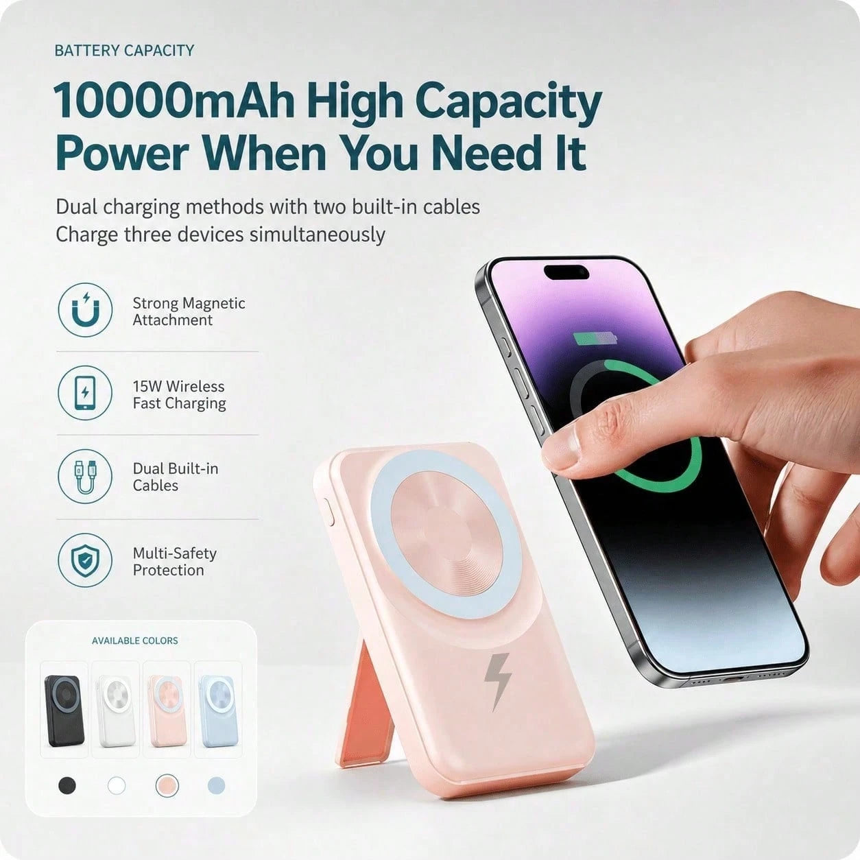 10000mAh Foldable Kickstand Magnetic Portable Charger, Built-In Lightning & USB C Cables 15W Wireless Charging 22.5W Fast Charging, Travel Essentials Camping Essentials College Dorm Essentials Back To