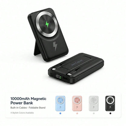 10000mAh Magnetic Charger Portable Power Bank With Stand, Foldable Kickstand Integrated Dual Cables 15W Wireless Charging 22.5W Fast Wired Charging, Travel Essentials Camping Gear College Essentials B