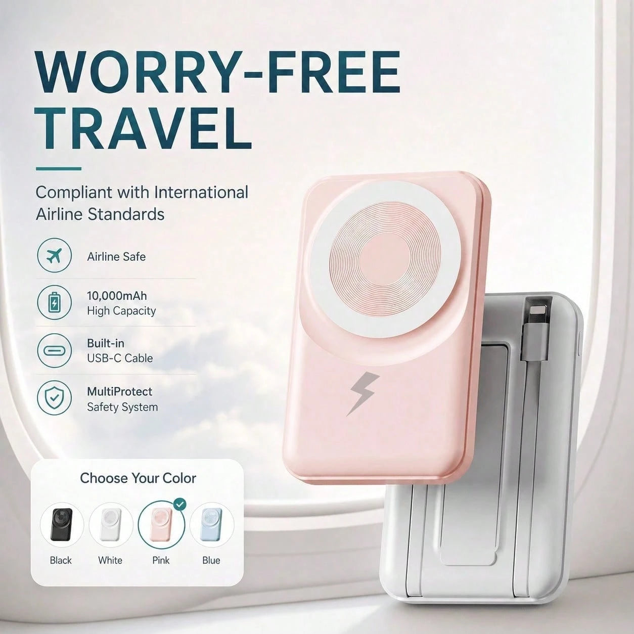10000mAh Magnetic Charger Portable Power Bank With Stand, Foldable Kickstand Integrated Dual Cables 15W Wireless Charging 22.5W Fast Wired Charging, Travel Essentials Camping Gear College Essentials B