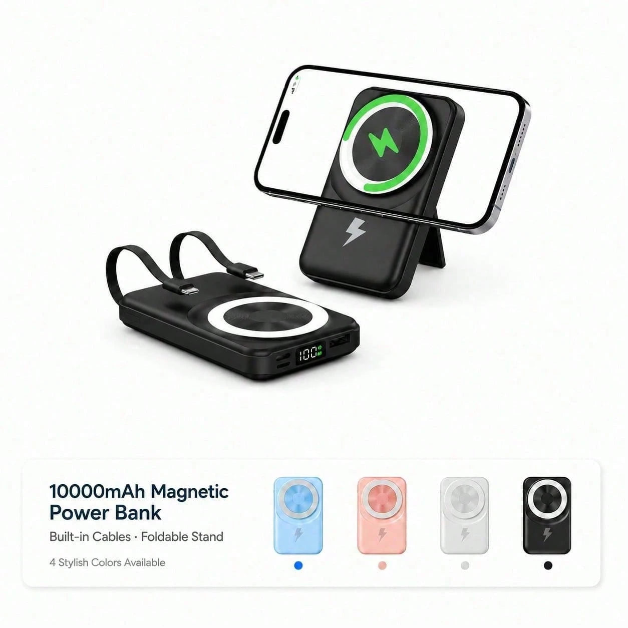 10000mAh Magnetic Portable Charger Battery Pack With Stand, Foldable Phone Holder 15W Wireless Fast Charging 22.5W Wired Charging Built-In Cables, Travel Essentials Camping Essentials Dorm Essentials