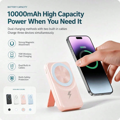 10000mAh Magnetic Portable Charger Battery Pack With Stand, Foldable Phone Holder 15W Wireless Fast Charging 22.5W Wired Charging Built-In Cables, Travel Essentials Camping Essentials Dorm Essentials