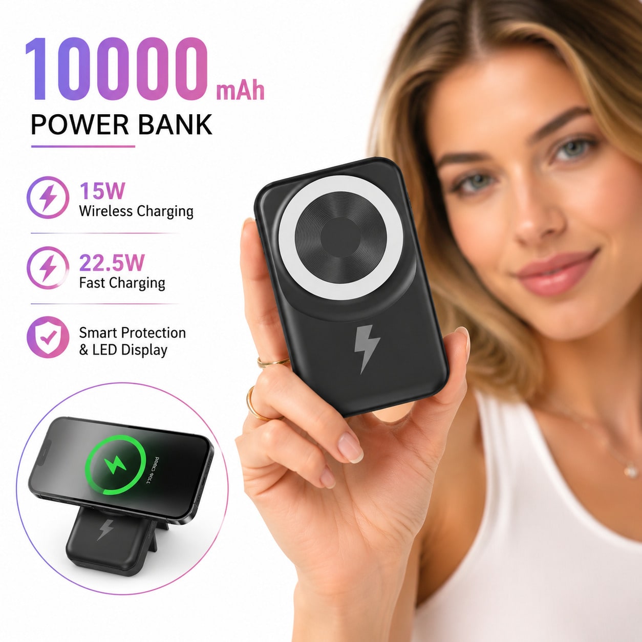10000mAh Magnetic Portable Charger Battery Pack With Stand, Foldable Phone Holder 15W Wireless Fast Charging 22.5W Wired Charging Built-In Cables, Travel Essentials Camping Essentials Dorm Essentials