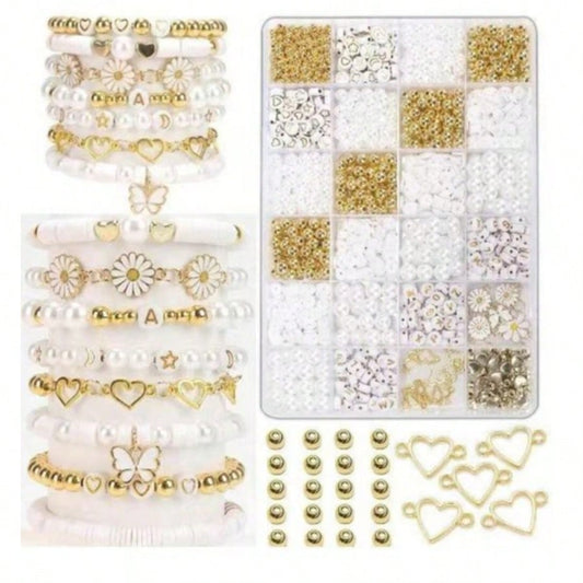 1000pcs DIY Faux Pearl Bracelet Making Kit, Includes Daisy Charms, Acrylic Gold Letter Beads, Alloy Charms, Heart-Shaped Gold Beads, Pastoral Style Women's Jewelry Making Material Pack