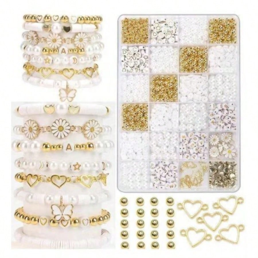 1000pcs DIY Faux Pearl Bracelet Making Kit, Includes Daisy Charms, Acrylic Gold Letter Beads, Alloy Charms, Heart-Shaped Gold Beads, Pastoral Style Women's Jewelry Making Material Pack