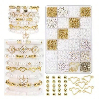 1000pcs DIY Faux Pearl Bracelet Making Kit, Includes Daisy Charms, Acrylic Gold Letter Beads, Alloy Charms, Heart-Shaped Gold Beads, Pastoral Style Women's Jewelry Making Material Pack