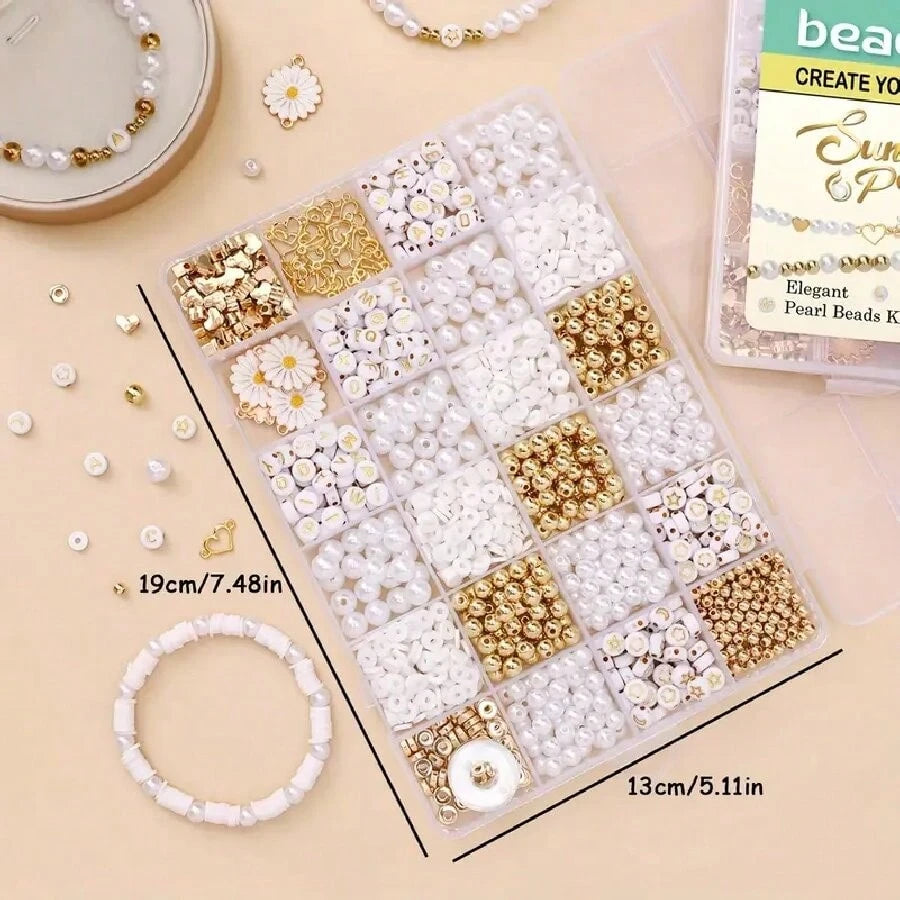 1000pcs DIY Faux Pearl Bracelet Making Kit, Includes Daisy Charms, Acrylic Gold Letter Beads, Alloy Charms, Heart-Shaped Gold Beads, Pastoral Style Women's Jewelry Making Material Pack