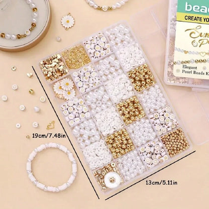 1000pcs DIY Faux Pearl Bracelet Making Kit, Includes Daisy Charms, Acrylic Gold Letter Beads, Alloy Charms, Heart-Shaped Gold Beads, Pastoral Style Women's Jewelry Making Material Pack
