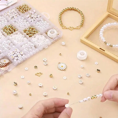 1000pcs DIY Faux Pearl Bracelet Making Kit, Includes Daisy Charms, Acrylic Gold Letter Beads, Alloy Charms, Heart-Shaped Gold Beads, Pastoral Style Women's Jewelry Making Material Pack