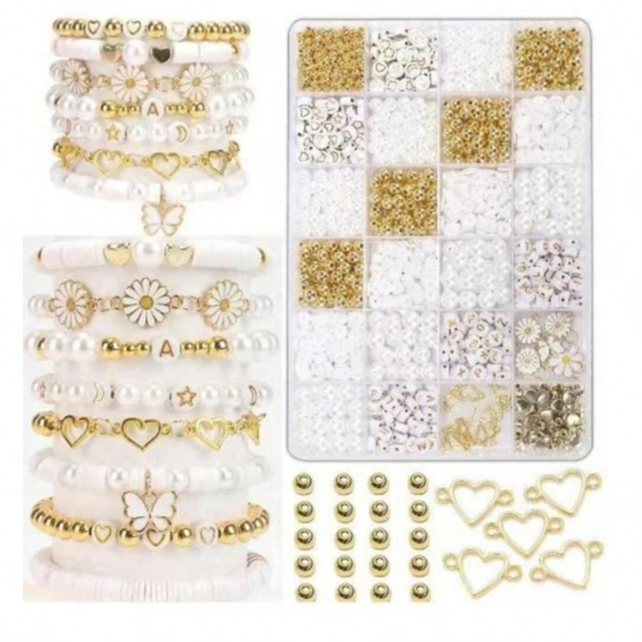 1000pcs DIY Faux Pearl Bracelet Making Kit, Includes Daisy Charms, Acrylic Gold Letter Beads, Alloy Charms, Heart-Shaped Gold Beads, Pastoral Style Women's Jewelry Making Material Pack