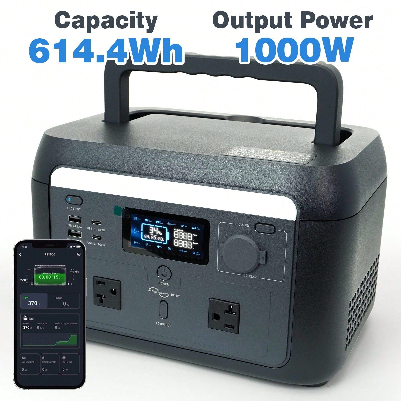 1000W/614.4Wh Portable Power Station- LiFePO4 Battery Power Generator, Super Fast Chaging Solar Generator, Emergency Power Source For Camping, Power Outage & Off-Grid, Home Emergency Backup, Outdoor