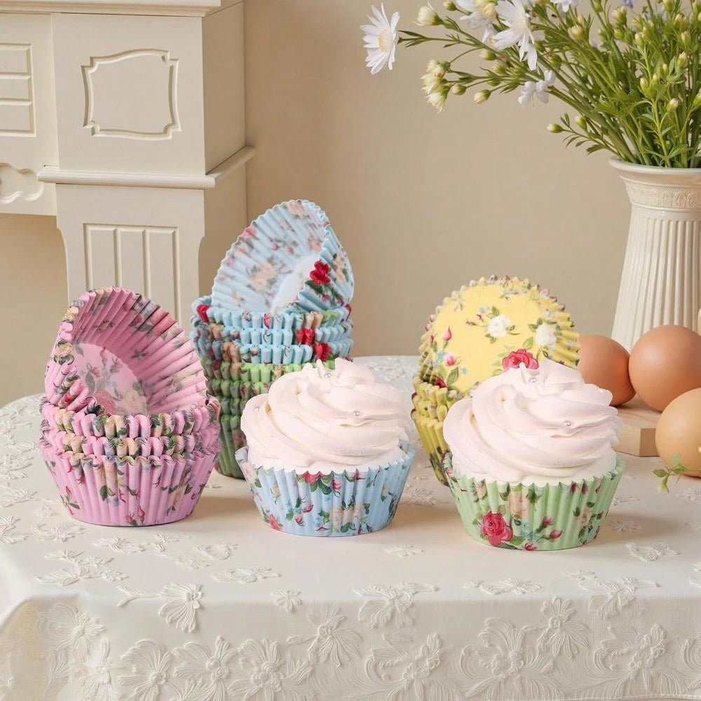 100pcs Standard Cupcake Liners, Colorful Paper Baking Cups Disposable Cupcake Packaging Paper, Floral Liners, Suitable For Birthday Tea Theme Party Decoration